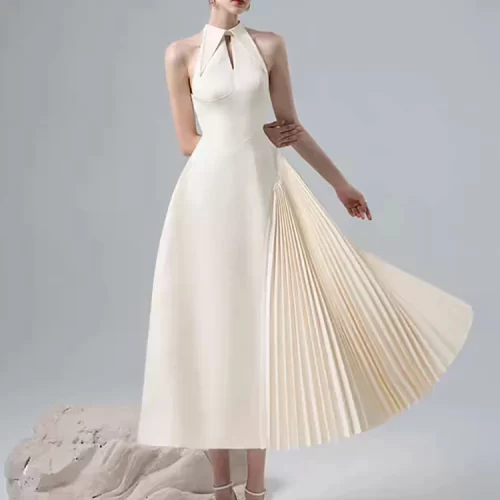 DEAT Women Fashion Dress Lapel Hollow Out Sleeveless Patchwork Pleated Waist Asymmetric Elegant Dresses Summer 2024 1