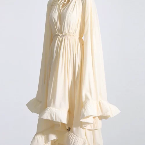 TWOTWINSTYLE Minimalist Dresses For Women V Neck Cloak Sleeve High Waist Ruffles Irregular Summer Dress Female 1